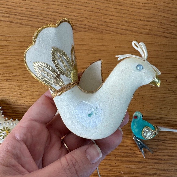 Set‎ of 3 Vintage Flocked Beaded Bird Christmas Ornaments Clip on & Wired - Picture 7 of 13